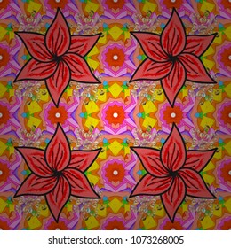 Seamless floral pattern with flowers on pink, orange, yellow, gray and red colors. Flowers on pink, orange, yellow, gray and red colors in watercolor style.