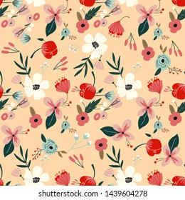 Seamless floral pattern with flowers on gray background. Vector illustration.