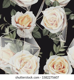 Seamless floral pattern with flowers on dark background. Template design for textiles, interior, clothes, wallpaper. The geometry of the crystal. Golden texture. Vector
