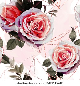 Diseño floral sin inconvenientes con flores sobre fondo oscuro. Diseño de plantilla para textiles, interiores, ropa, papel pintado. La geometría del cristal. Textura dorada. Vector