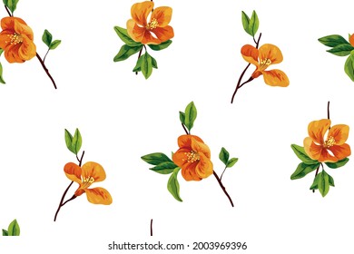 Seamless floral pattern with flowers on a branch. Yellow buds, green foliage on small twigs. Botanical vector illustration isolated on white background.