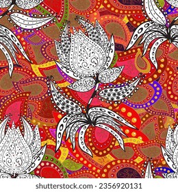 Seamless Floral Pattern in Flowers on red, white and gray colors in watercolor style.