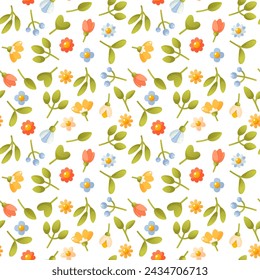 Patrón floral sin costuras, flores en un tallo con hojas. Hermoso fondo sin costuras de verano, flores de primavera. Vector de fondo sin fisuras para tarjetas, carteles textiles, envoltura de regalo