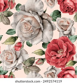 Seamless floral pattern with flowers on light background, watercolor. Template design for textiles, interior, clothes, wallpaper. 