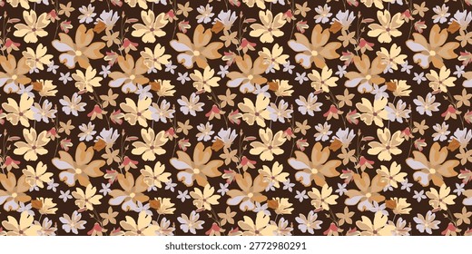 Seamless floral pattern with flowers on dark brown background. Vector artistic botanical print for fabric textile or wrapping paper. Botanical illustration for fashion design wallpaper.