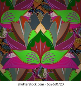 Seamless floral pattern with flowers on green, brown and purple colors. Flowers on green, brown and purple colors in watercolor style.