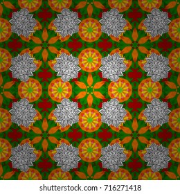 Seamless floral pattern with flowers on orange, green and white colors. Flowers on orange, green and white colors in watercolor style.