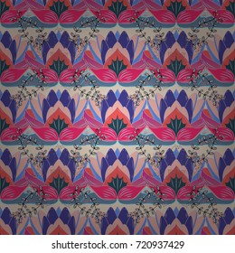 Seamless floral pattern with flowers on pink, beige and blue colors. 