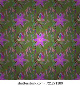 Seamless floral pattern with flowers on green, violet and pink colors. Flowers on green, violet and pink colors in watercolor style.