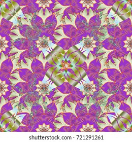 Seamless floral pattern with flowers on violet, beige and neutral colors. Flowers on violet, beige and neutral colors in watercolor style.
