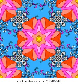 Seamless floral pattern with flowers on blue, pink and orange colors. Flowers on blue, pink and orange colors in watercolor style.