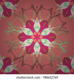 Seamless floral pattern with flowers on pink, beige and green colors. Flowers on pink, beige and green colors in watercolor style.
