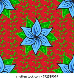 Seamless floral pattern with flowers on red, green and blue colors. 