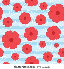 Seamless floral pattern. Flowers and outlines of stars on a striped background. Pink, red, blue, white.  Vector illustration.
