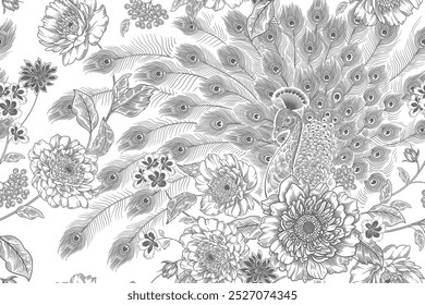 Padrão floral perfeito. Flores e pavão. Fundo da flor. Vintage. Ilustração vetorial. Preto e branco. Modelo para têxteis, papel de parede, papel.