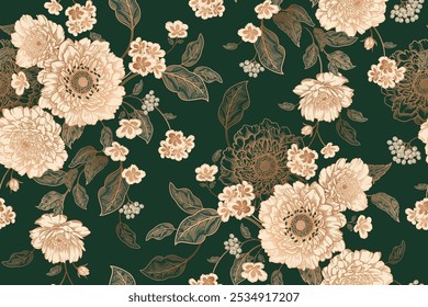 Patrón floral sin fisuras. Flores peonías. Antecedentes de Antiguas. Ilustración vectorial. Lámina verde oscura, blanca y dorada. Plantilla para textiles, Fondo de pantalla, papel, cortinas, tela de tapicería, decoración interior