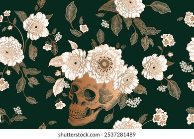 Seamless floral pattern. Flowers peonies, skulls. Vintage background. Vector illustration. Dark green, white, gold foil. Template for textiles, wallpaper, paper, curtains, upholstery fabric, interior