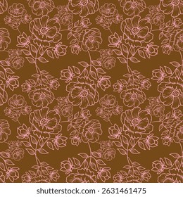Seamless floral pattern. Flowers peonies. Vintage background. Vector illustration. Dark green, white, gold foil. Template for textiles, wallpaper, paper, curtains, upholstery fabric, interior decor