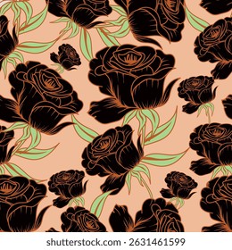 Seamless floral pattern. Flowers peonies. Vintage background. Vector illustration. Dark green, white, gold foil. Template for textiles, wallpaper, paper, curtains, upholstery fabric, interior decor