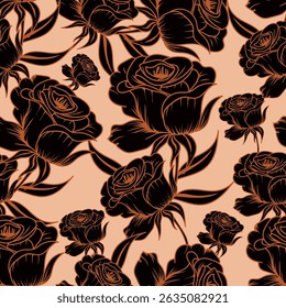 Seamless floral pattern. Flowers peonies. Vintage background. Vector illustration. Dark green, white, gold foil. Template for textiles, wallpaper, paper, curtains, upholstery fabric, interior decor