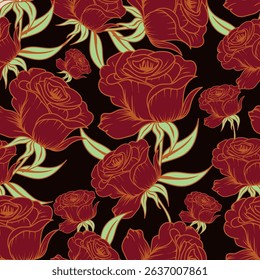Seamless floral pattern. Flowers peonies. Vintage background. Vector illustration. Dark green, white, gold foil. Template for textiles, wallpaper, paper, curtains, upholstery fabric, interior decor
