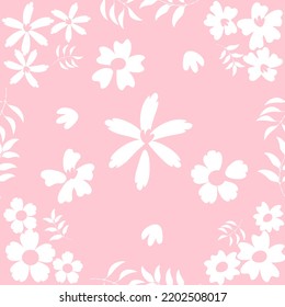 Seamless floral pattern with flowers, petals, leaves, stems. Beautiful white flower flat vector illustration. 