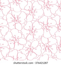 Seamless floral pattern with flowers plum. Spring mood in red. Spring Festival. Vector illustration.