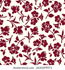 Seamless floral pattern with flowers. Red flowers pattern on a light yellow background. Vector floral print. Hand-drawn illustration, not AI