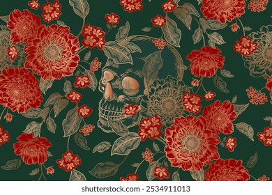 Seamless floral pattern. Flowers and skulls. Flower background. Vintage. Vector illustration. Dark green, red, gold foil. Template for textiles, wallpaper, paper, curtains, upholstery fabric, interior