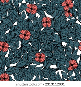 seamless floral pattern with flowers, in the style of graphic black and white, linear illustrations, leaf patterns