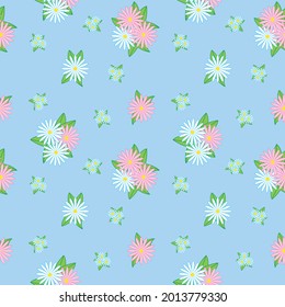 Patrón floral sin foco. Textura de flores. Daisy y camomila. Color rosa, azul, blanco y verde. 
