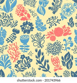 Seamless floral pattern. Flowers texture. Floral colorful background in hand draw childish style. Abstract summery simple illustration