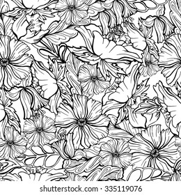 Seamless floral pattern. Flowers texture black and white image anti-stress