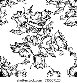 Seamless floral pattern. Flowers texture.black and white pattern
