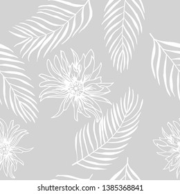 seamless floral pattern flowers and tropical palm leaves hand drawn sketch