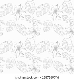 seamless floral pattern flowers and tropical palm leaves hand drawn sketch