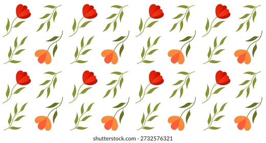 Patrón floral sin fisuras. Flores y ramitas sobre fondo blanco. Patrón botánico. Diseño para tarjetas de felicitación, carteles, decoraciones, papel de regalo, textil. Estilo plano de la historieta. Ilustración vectorial.