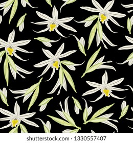 Seamless floral pattern with flowers of vanilla orchid.