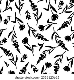 Seamless floral pattern with flowers. Vector black and white floral print