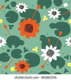 Seamless floral pattern with flowers, water lilies, lotus. Vector decorative background, pond surface