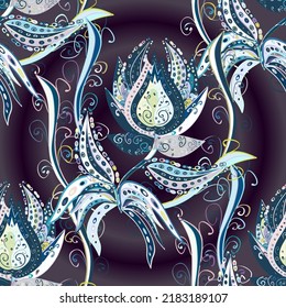 Seamless floral pattern with flowers, watercolor. Flat Flower Elements Design Vector illustration. Flowers on black, blue and neutral colors.Colour Spring Theme seamless pattern Background.