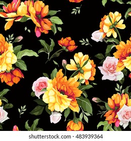 Seamless floral pattern with flowers, watercolor. Vector illustration.