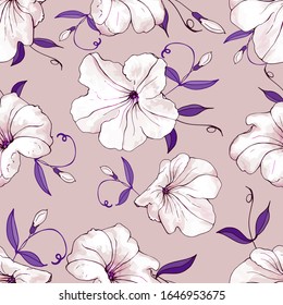 Seamless floral pattern with flowers white petunia and purple leaves on light brown background. Hand drawn. For design, textile, print, wallpapers, wrapping paper. Vector stock illustration.