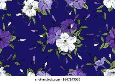 Seamless floral pattern with flowers white and purple petunia and green leaves on dark blue background. Hand drawn. For design, textile, print, wallpapers, wrapping paper. Vector stock illustration.