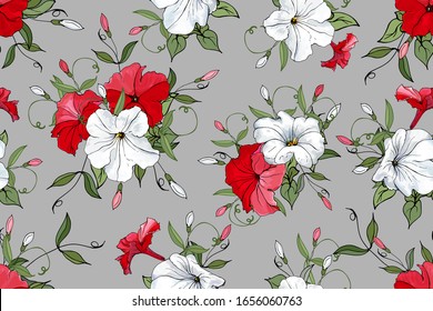 Seamless floral pattern with flowers white, red petunia and green leaves on gray background. Hand drawn. For design, textile, print, wallpapers, wrapping paper. Vector stock illustration.