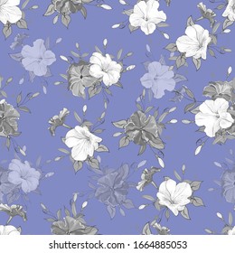 Seamless floral pattern with flowers white and gray petunias and leaves on blue background. Hand drawn. For design, textile, print, wallpapers, wrapping paper. Vector stock illustration.