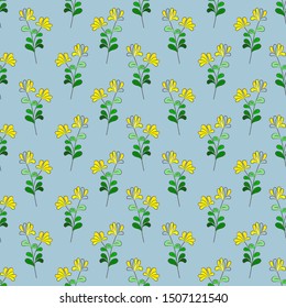 Seamless floral pattern of flowers with yellow petals and green leaves, on a light blue background. Great for decorating fabrics, textiles, gift wrapping design, any printed materials and advertising.