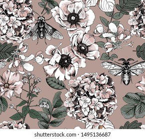  Patrón floral sin soldadura. Insulto moscovita en Rododendros, Hydrangea, Anemone, cereza, hierbas flores y hojas sobre un fondo de rosa gris. Composición textil, impresión a mano. Ilustración del vector