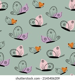Seamless floral pattern with flying butterflies and flowers in vintage style, vector illustration.