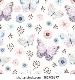 Seamless floral pattern with flying butterflies and flowers in vintage watercolor style, vector illustration.